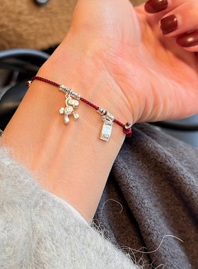 S925纯银马上有钱银圈手绳手链女简约新中式国风设计百搭红绳手饰