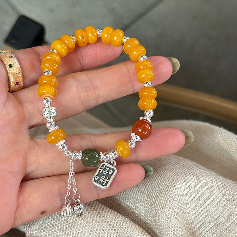 999足银方牌招财莲蓬蜜蜡圆珠手链女简约新中式设计百搭手串手饰