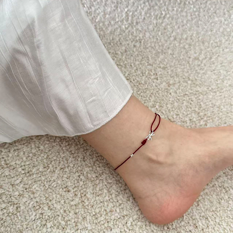 s925纯银蝴蝶结圆珠红绳脚链女简约手工设计甜美学生闺蜜脚绳脚饰