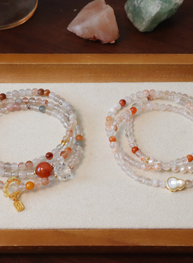 浅色天然红胶花水晶手串女高级感设计三圈新中式淡水珍珠多圈手链