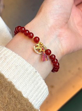 s925纯银镶钻碎碎冰木马红玛瑙手链女新中式简约手工设计串珠手串