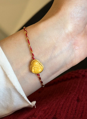 新款s925纯银蜜蜡弥勒佛红绳手链女简约新中式设计百搭个性手饰