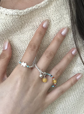 新中式S925纯银原创设银珠小熊绿松石戒指女民族风弹力绳叠戴戒子