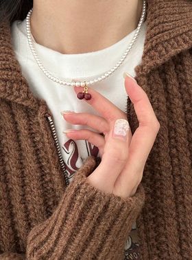 新款s925纯银樱桃施家珍珠项链女简约温婉甜美气质百搭个性锁骨链