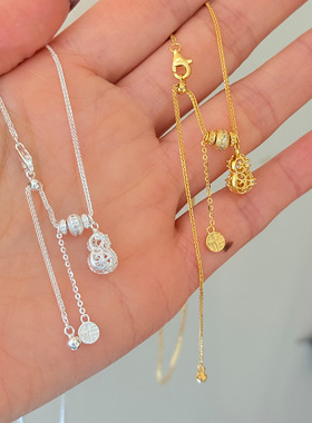 s925纯银镶钻葫芦福字项链女简约新中式福禄设计个性抽拉式锁骨链