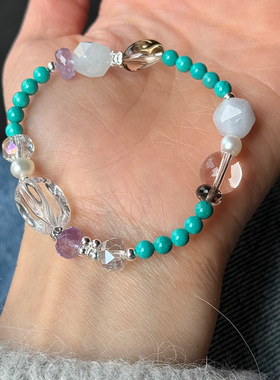 s925纯银合成松石珍珠水晶圆珠手链女简约新中式设计串珠手串手饰