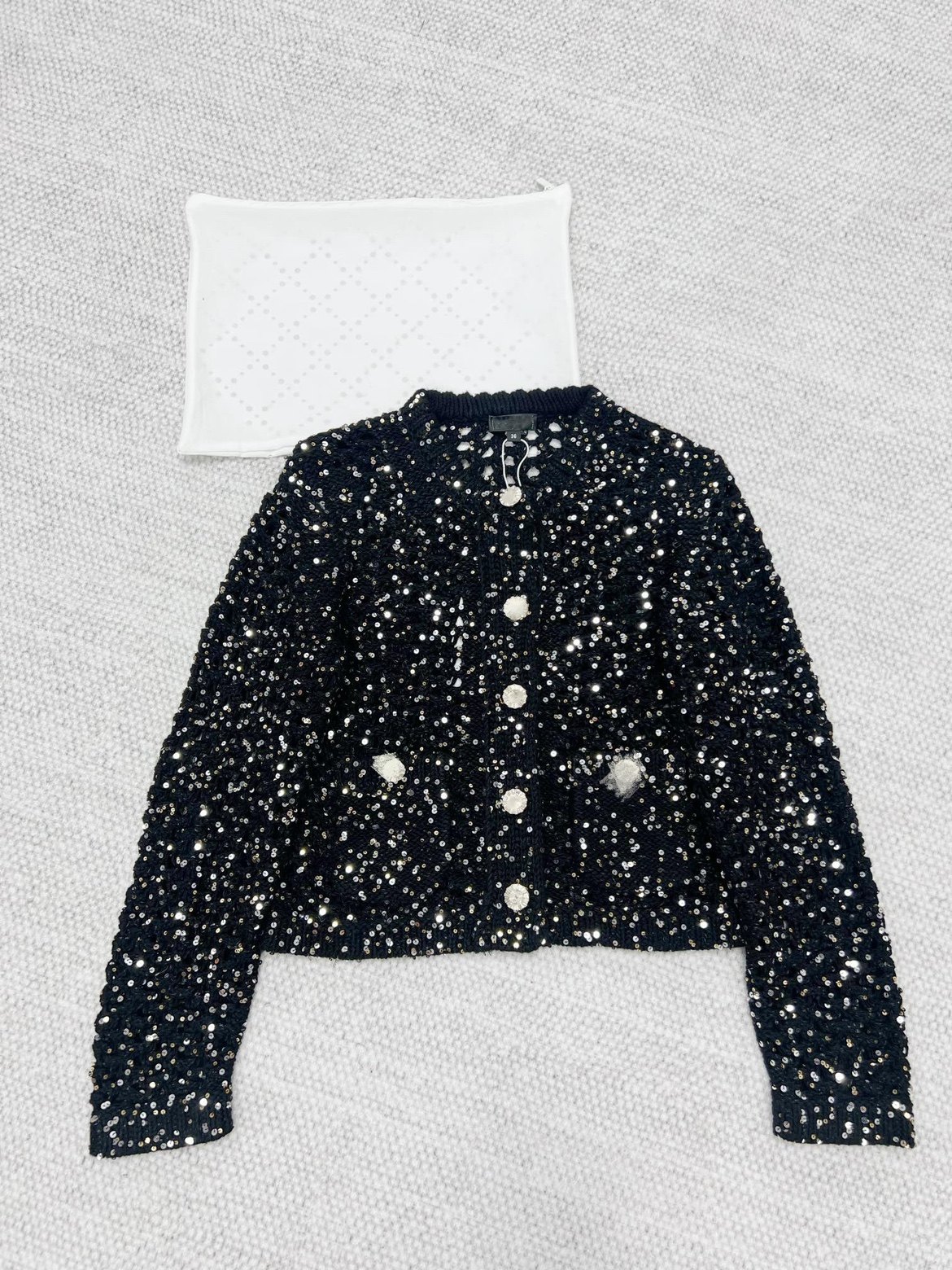 小香风cc2023年早春新款闪亮珠片短开衫