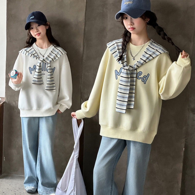 女童卫衣春装2026新款儿童网红条纹披肩中大童圆领长袖套头衫卫衣