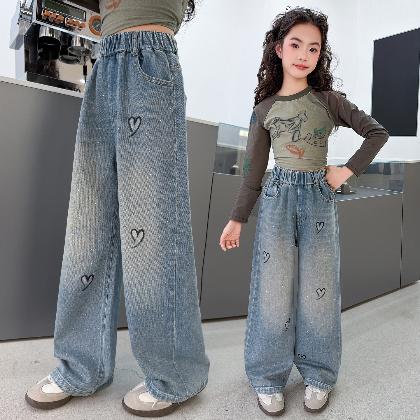 女童烫钻牛仔裤直筒裤春秋款裤子2026新款洋气中大童学生阔腿长裤