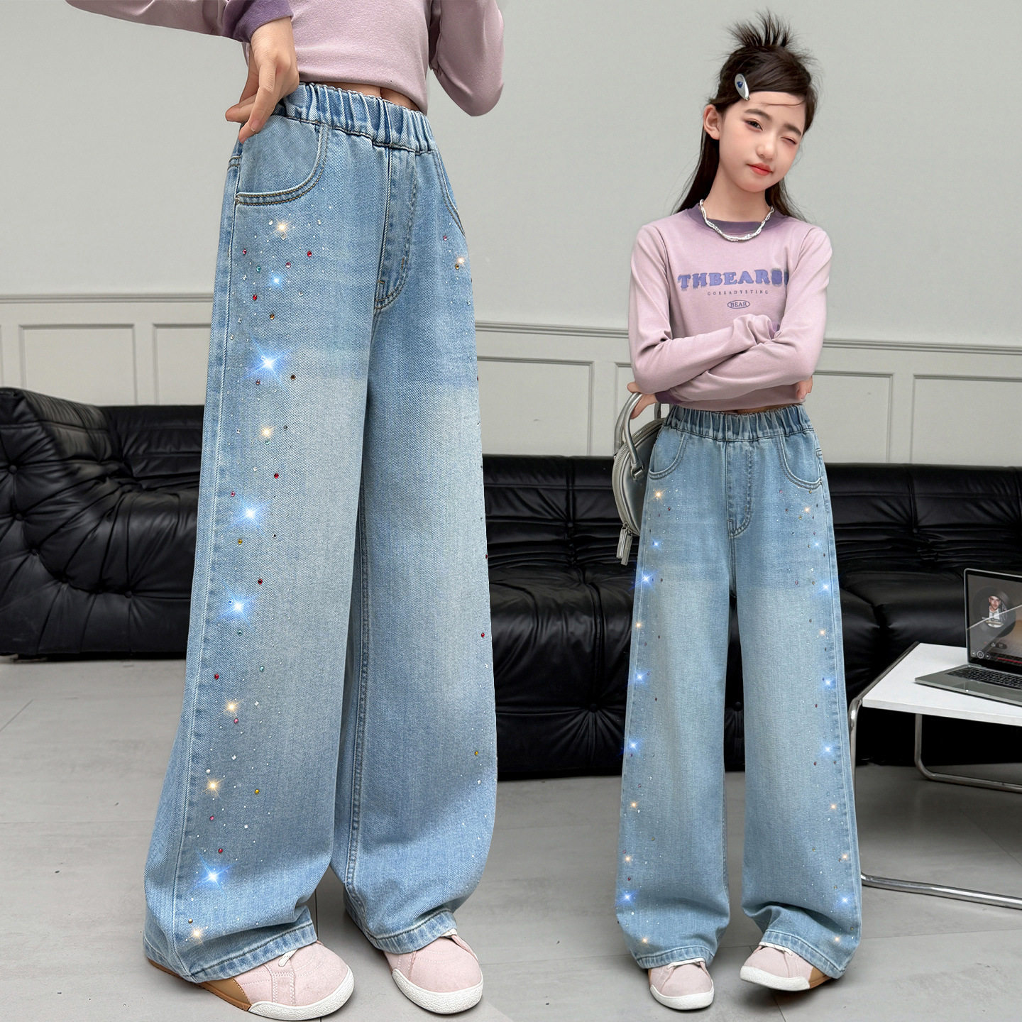 女童春季韩版彩色烫钻牛仔裤2026新款中大童女孩洋气宽松直筒裤子