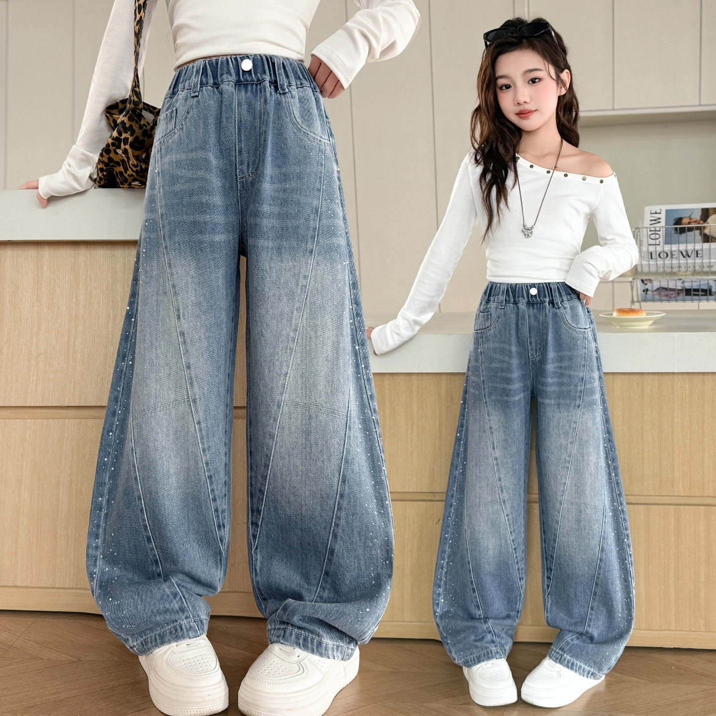 跨境女童2026新款春季牛仔裤儿童裤子中大童宽松弯刀阔腿潮范