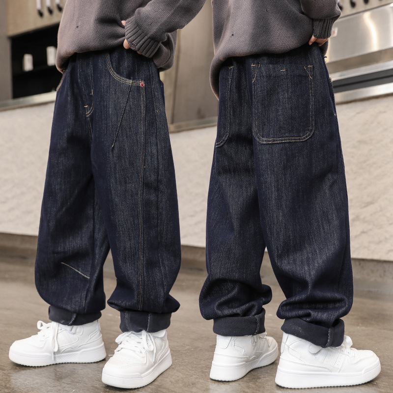 男童加绒裤子秋冬季儿童牛仔长裤2025新款秋装中大童休闲裤青少年