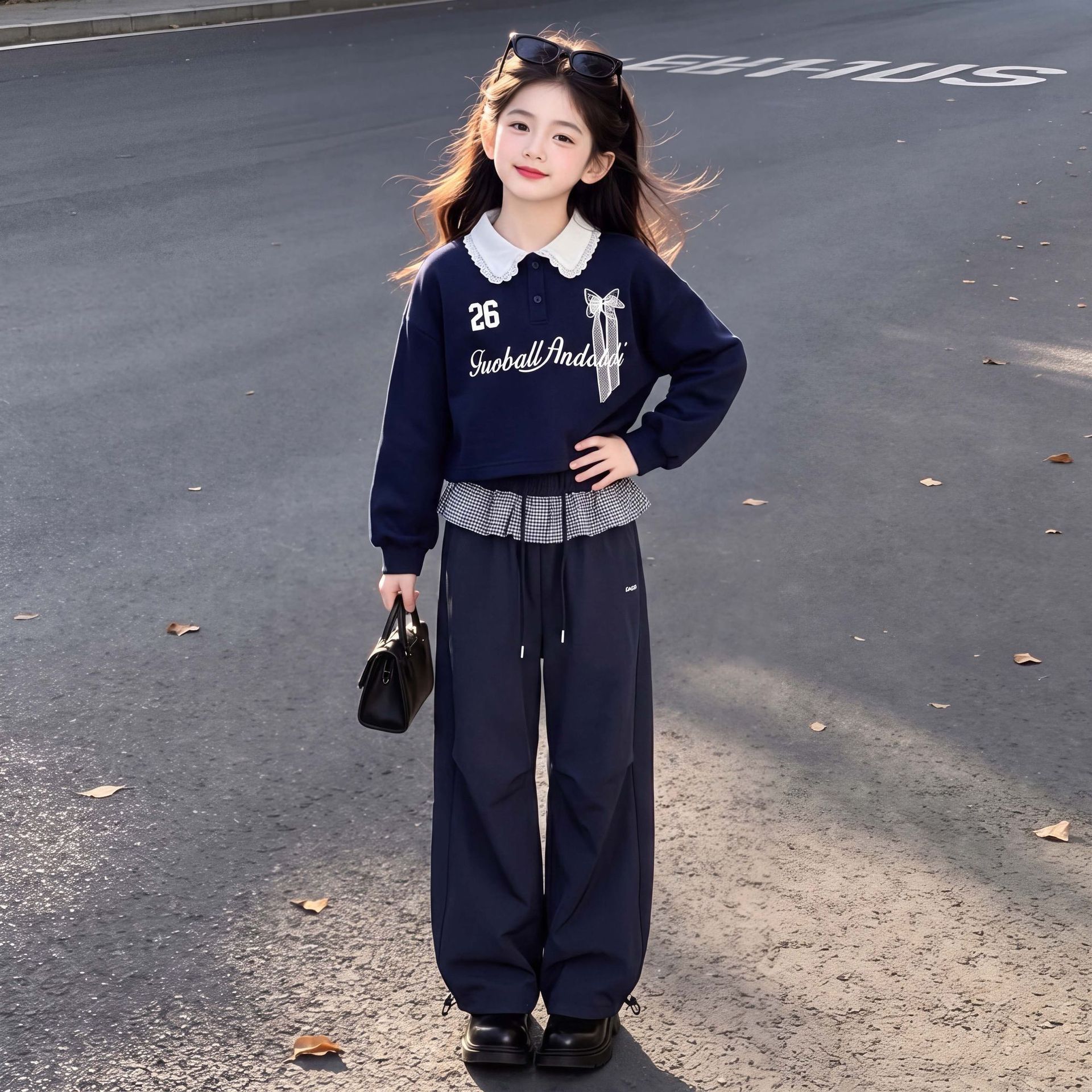 女童2026新款韩版学院风卫衣春秋季屁帘拼接阔腿裤套装潮