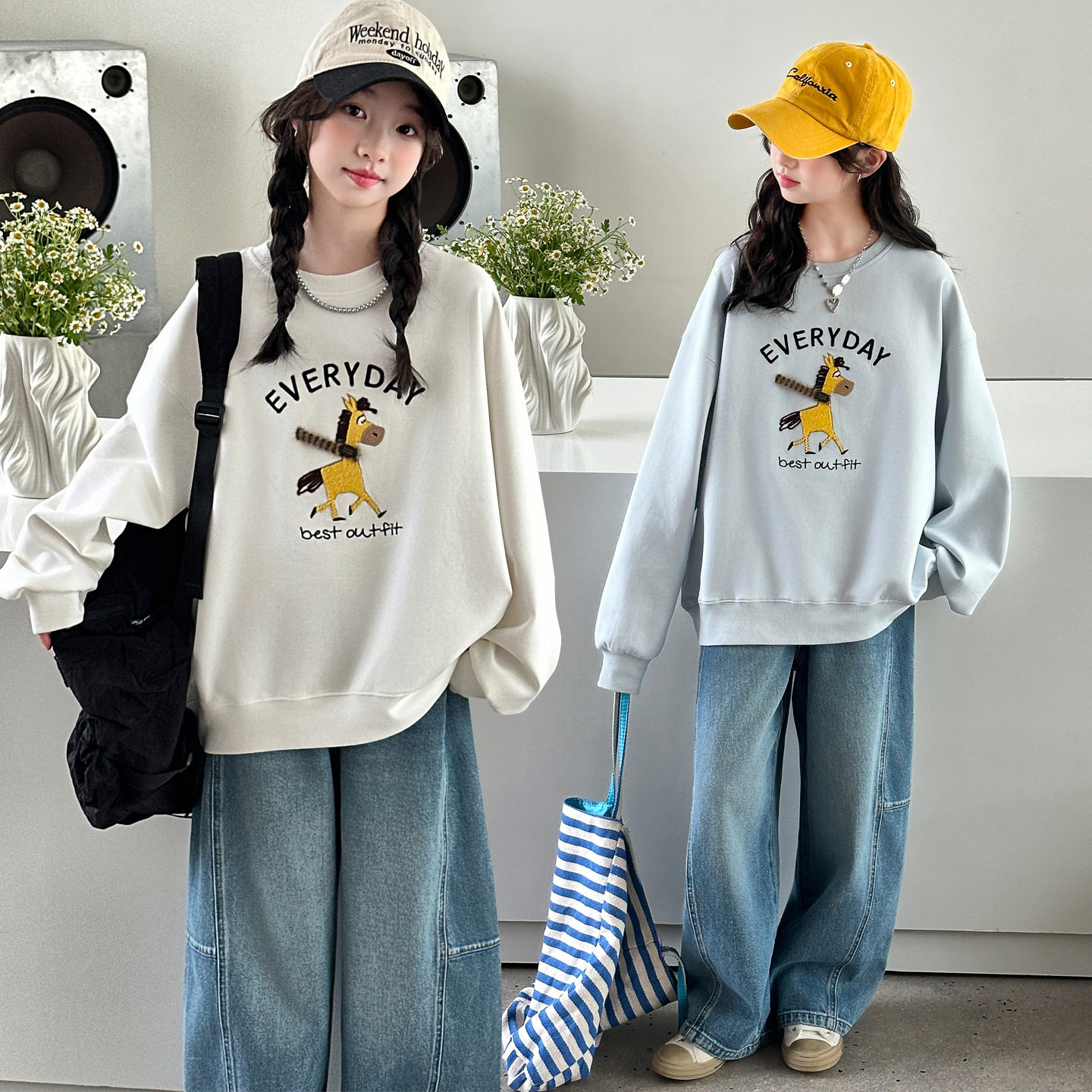 跨境女童春季卫衣2026新款儿童网红大童长袖女孩圆领卡通绣花上衣