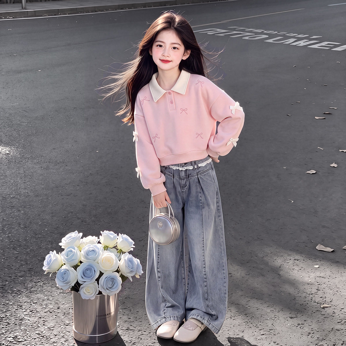 韩范女童春秋新款甜美蝴蝶结拼接翻领上衣小众设计牛仔裤两件套潮