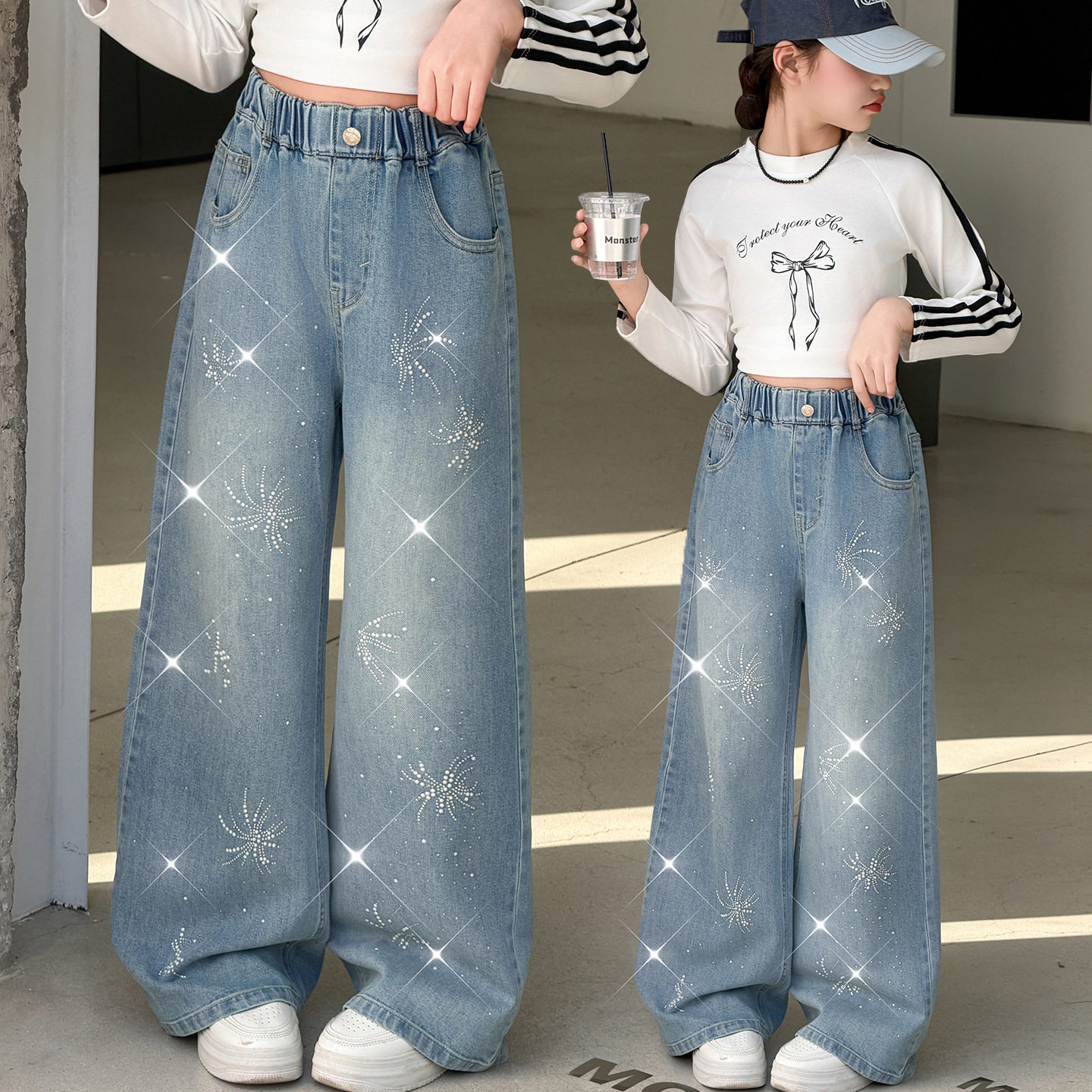 女童阔腿牛仔裤春秋款宽松直筒裤2026时尚烟花烫钻阔腿长裤