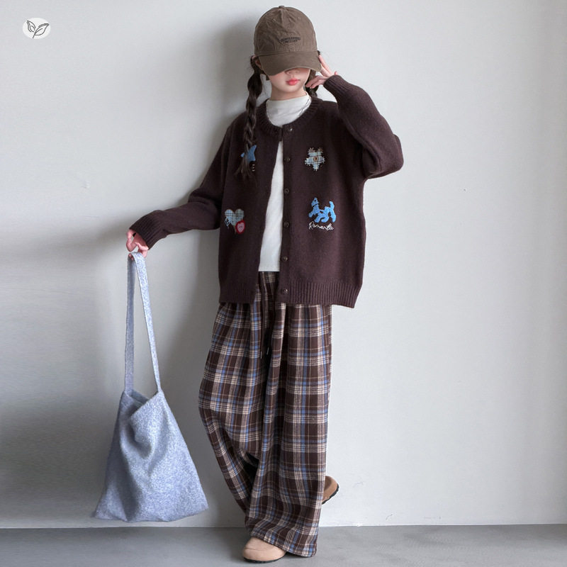 女童深秋新款韩版钩花针织开衫休闲格子裤套装女孩阔腿裤毛衣外套