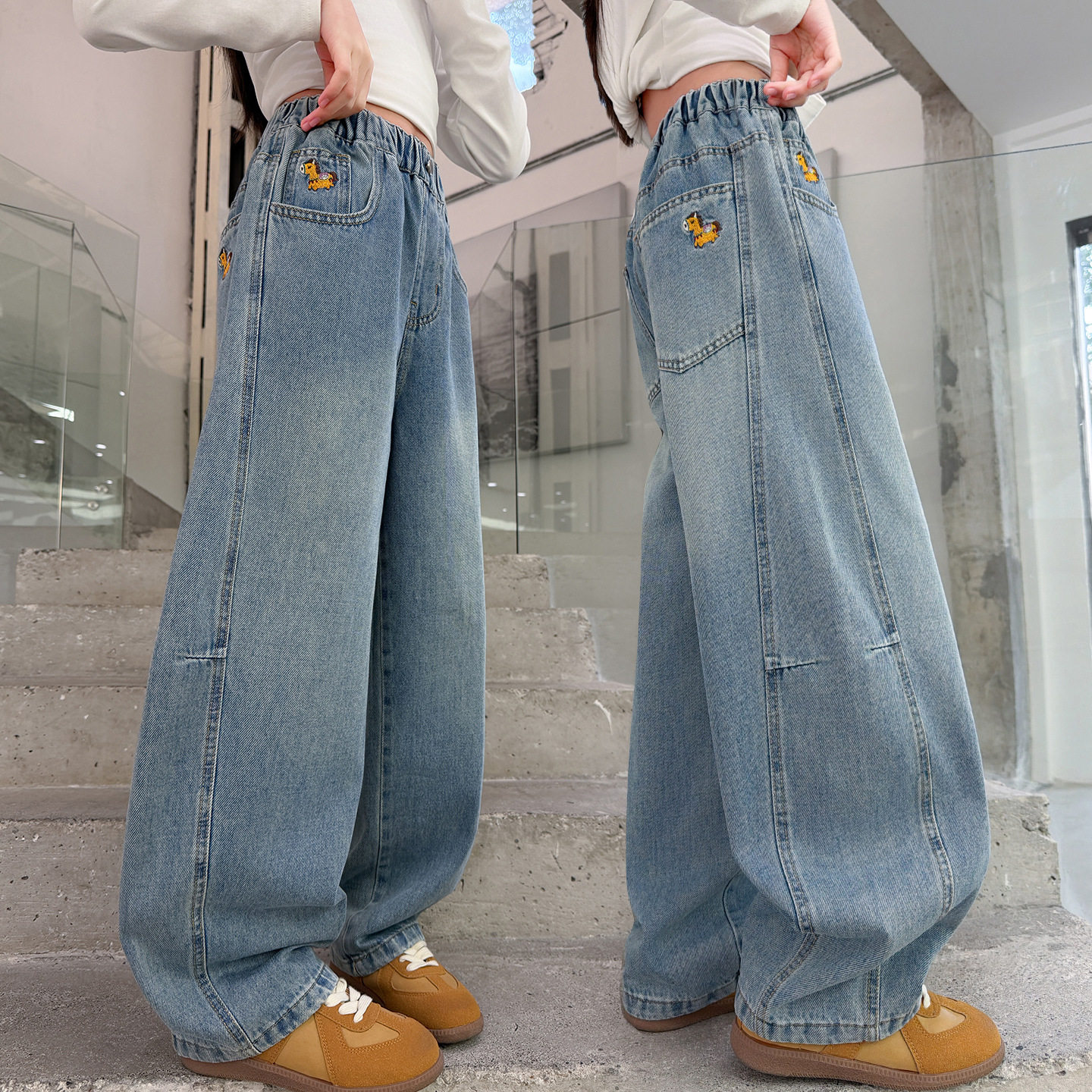 2026新款刺绣小马阔腿裤女童裤子时尚爆款儿童宽松阔腿拖地牛仔裤