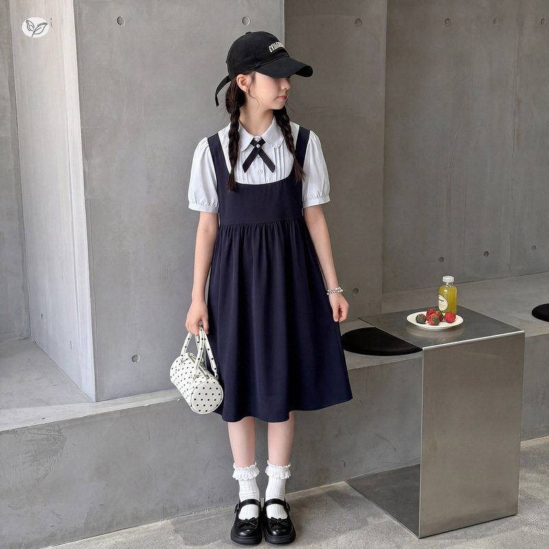 女童学院风连衣裙2026夏季新款中大童娃娃领衬衫裙儿童泡泡袖裙子