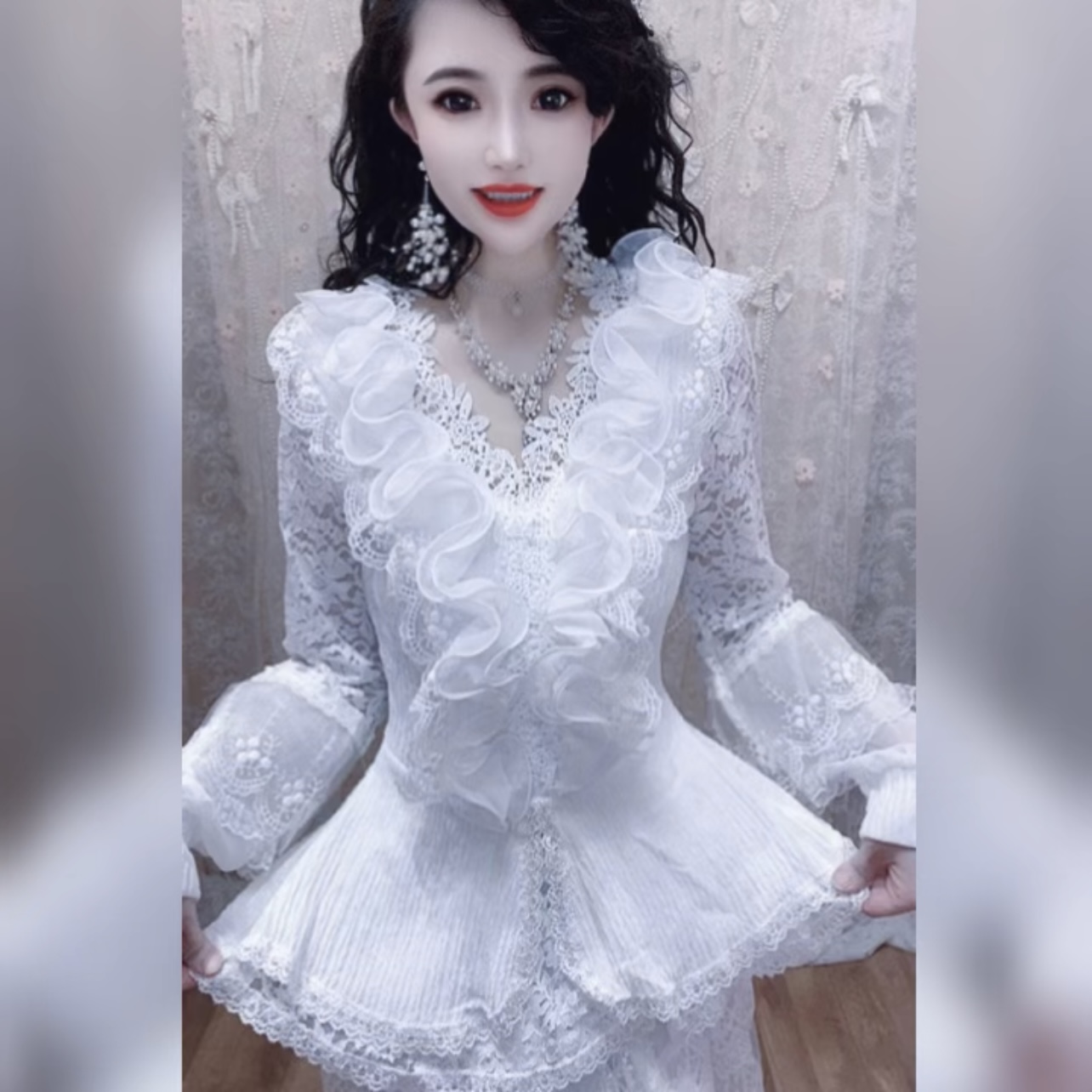 大波浪超仙法式小裙摆洋气蕾丝衫