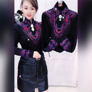 2020秋季立领纯棉烫钻领花洋气打底衫女修身显瘦韩版百搭镶钻上衣