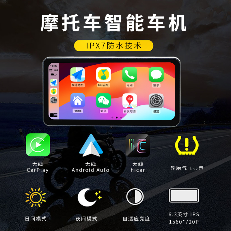 60帧摩托车/汽车无线carplay/hicar/导航一体机智慧便携屏