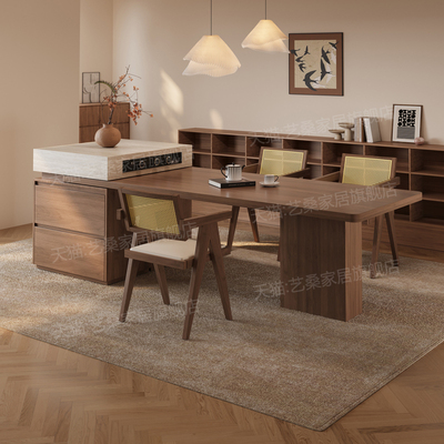 中古风岛台餐桌一体家用可伸缩厨房北美黑胡桃岩板中岛台一体桌