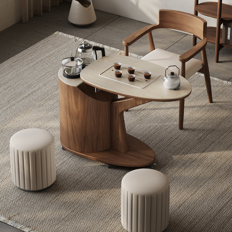 中古风阳台小茶车家用岩板泡茶桌轻奢小户型可移动茶台实木泡茶桌