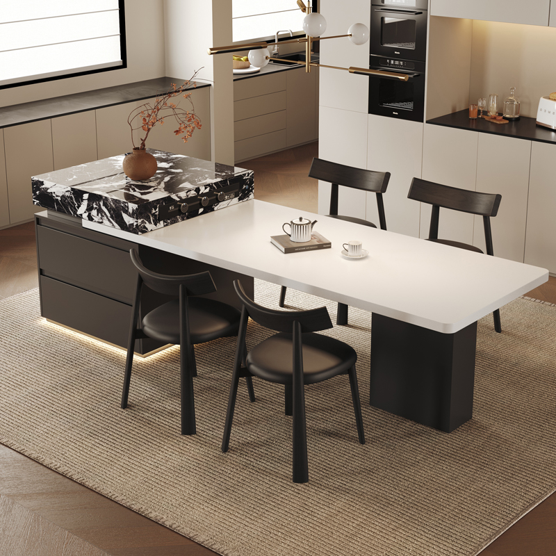 智能岛台餐桌一体家用可伸缩开放式厨房餐厅岩板中岛台泡茶桌饭桌