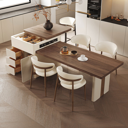 法式复古风岛台餐桌一体家用可伸缩中古风现代厨房吧台岩板中岛台