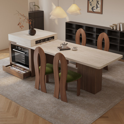 中古风岛台餐桌一体嵌入式带蒸烤箱家用可伸缩岩板中岛台餐桌