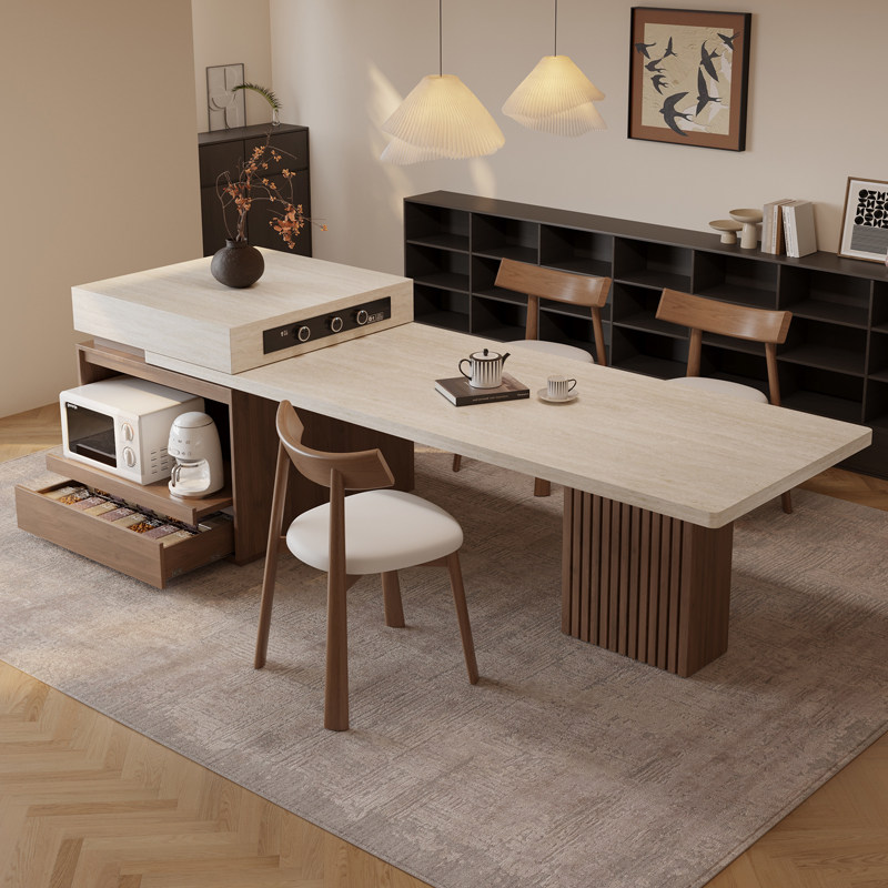 可伸缩岛台餐桌一体家用多功能微波炉洞石岩板中古风餐岛台一体,住宅家具,岛台餐桌,淘宝优惠券,粉丝福利购,淘宝优惠卷