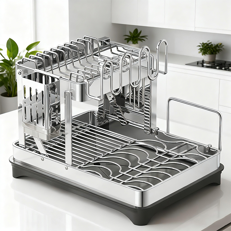 折叠免安装不锈钢双层碗碟收纳架