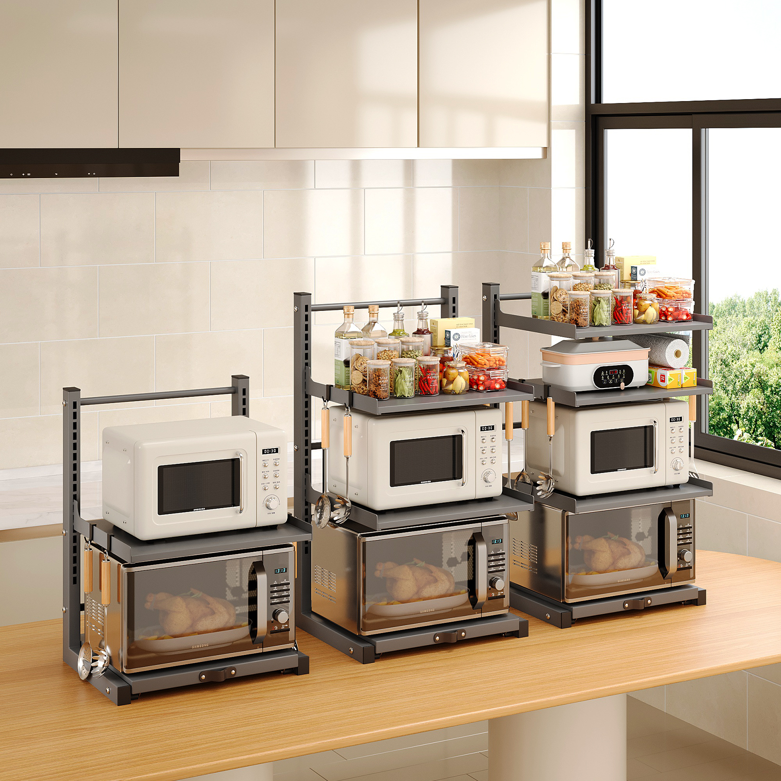 电饭煲置物架多功能支架微波炉架子厨房电器台面可抽拉多层收纳架