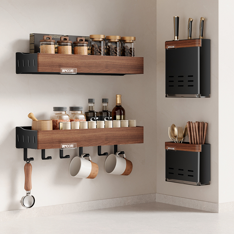 胡桃木厨房调料品置物架免打孔多功能壁挂调味料家用墙上收纳架子