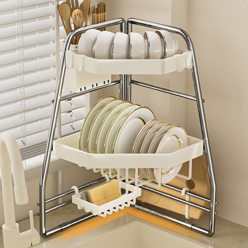 奶油白不锈钢厨房转角置物架多功能碗架洗碗池沥水碗盘收纳架,厨房/烹饪用具,碗架,淘宝优惠券,粉丝福利购,淘宝优惠卷