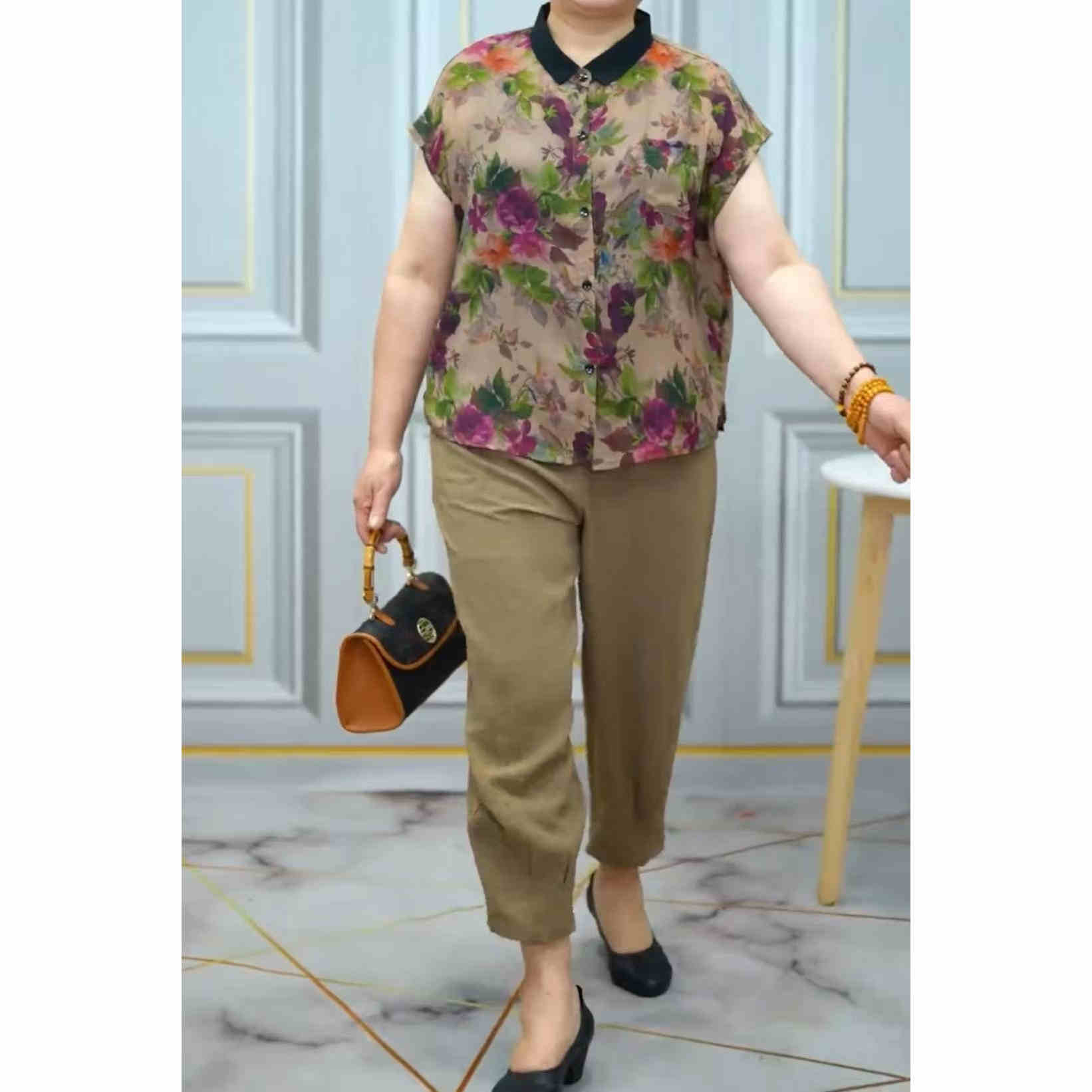 中年妈妈夏装薄款短袖衬衫套装复古宽松显瘦印花衬衣直筒裤两件套