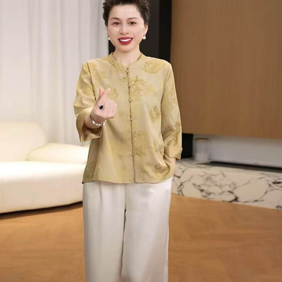 新中式盘扣印花两件套女2025夏季宽松大码中年妈妈装缎面提花套装