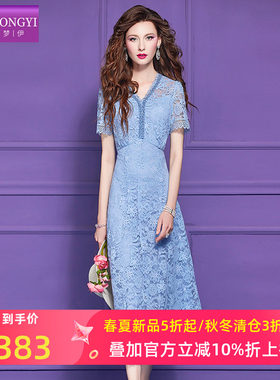 菲梦伊原创蓝色钉珠蕾丝连衣裙女短袖夏季名媛高腰优雅气质中长裙