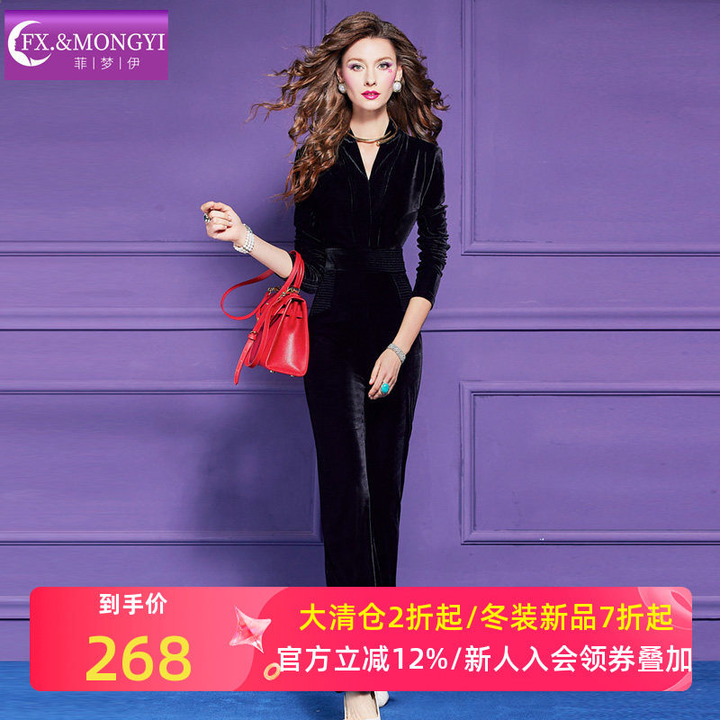 菲梦伊金丝绒黑色连体裤女秋季复古轻熟垂感通勤收腰职业西装裤子,女装/女士精品,连体衣/裤,淘宝优惠券,粉丝福利购,淘宝优惠卷