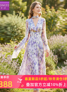 菲梦伊印花连衣裙女长袖春季法式甜美风收腰超仙减龄海边度假长裙