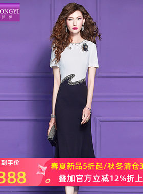 菲梦伊原创钉珠黑白撞色连衣裙女夏季法式轻熟名媛气质女神范裙子
