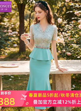 菲梦伊蕾丝荷叶边连衣裙女短袖夏季名媛优雅高端轻熟气质职业裙子