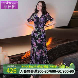 法式 菲梦伊钉珠印花连衣裙女夏季 高级独特收腰V领海边度假长裙子