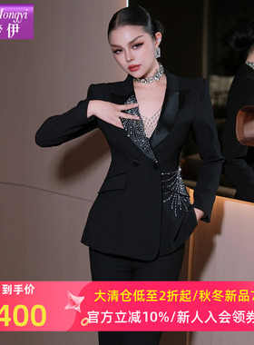 菲梦伊黑色西装套装女秋季高级感品质钉珠气质西服外套职业两件套