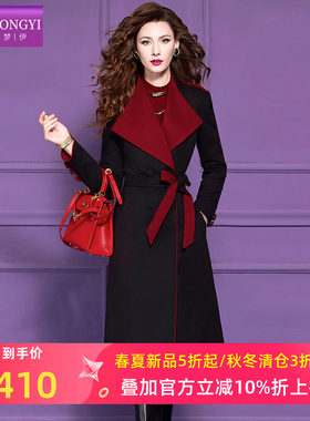 菲梦伊西装领黑色毛呢外套女冬季时尚设计感双排扣中长款气质大衣