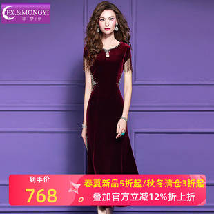 菲梦伊红色钉珠金丝绒连衣裙女春装法式轻熟高端收腰宴会礼服裙子