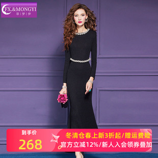 菲梦伊黑色连衣裙女长袖秋装法式轻熟赫本风修身气质女神范长裙子