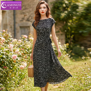 菲梦伊印花连衣裙女短袖夏装复古别致收腰显瘦阔太太大码妈妈裙子