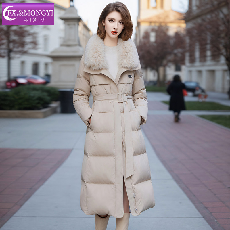 菲梦伊狐狸毛领90白鹅绒羽绒服女冬季翻领加厚拼接绵羊毛中长外套